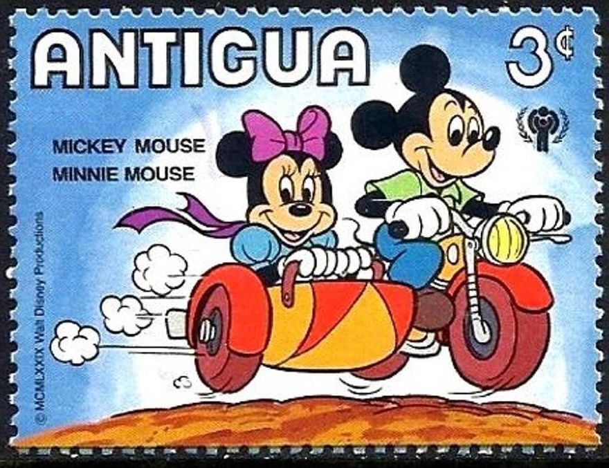 z vendido Antigua 1980 Scott 565 Sello ** Walt Disney Transporte Mickey y Minnie Mouse Sidecar 3c